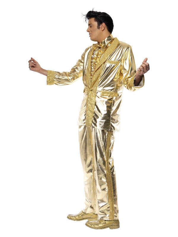 Mens Adults 50s Elvis Presley Gold Suit Rock & Roll The King Fancy Dress Costume - Picture 1 of 7