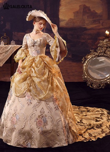 Gorgeous Champagne Floral 18th Century Historical Victorian Inspired Masqurade Ball Gown with Long Trailing Theater Clothing
