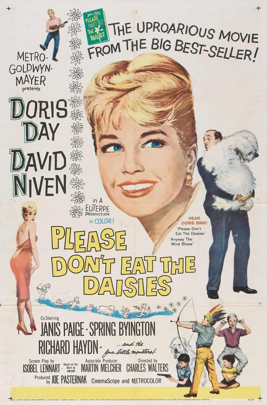 Doris Day, David Niven, Baby Gellert, Charles Herbert, Stanley Livingston, Flip Mark, Janis Paige, and Hobo in Please Don't Eat the Daisies (1960)