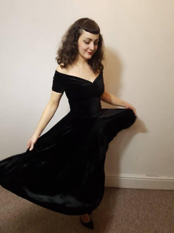 Black Velvet Off The Shoulder Full Swing Dress 1950s style cap image 1