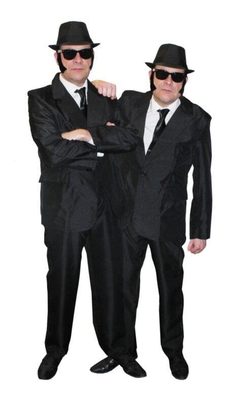 2X ADULT BLUES MEN FANCY DRESS COSTUMES - BOTH BROTHERS MATCHING FANCY DRESS COSTUME - 2X: BLACK SUIT, BLACK TIE, BLACK SUNGLASSES AND BLACK TRILBY HAT (SMALL & LARGE) Toys