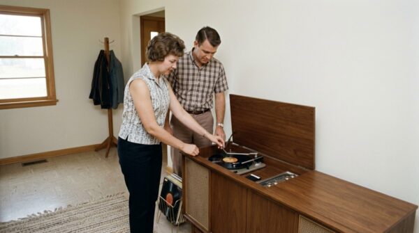 Couple lowering the needle onto a record on a wooden 1960s console stereo