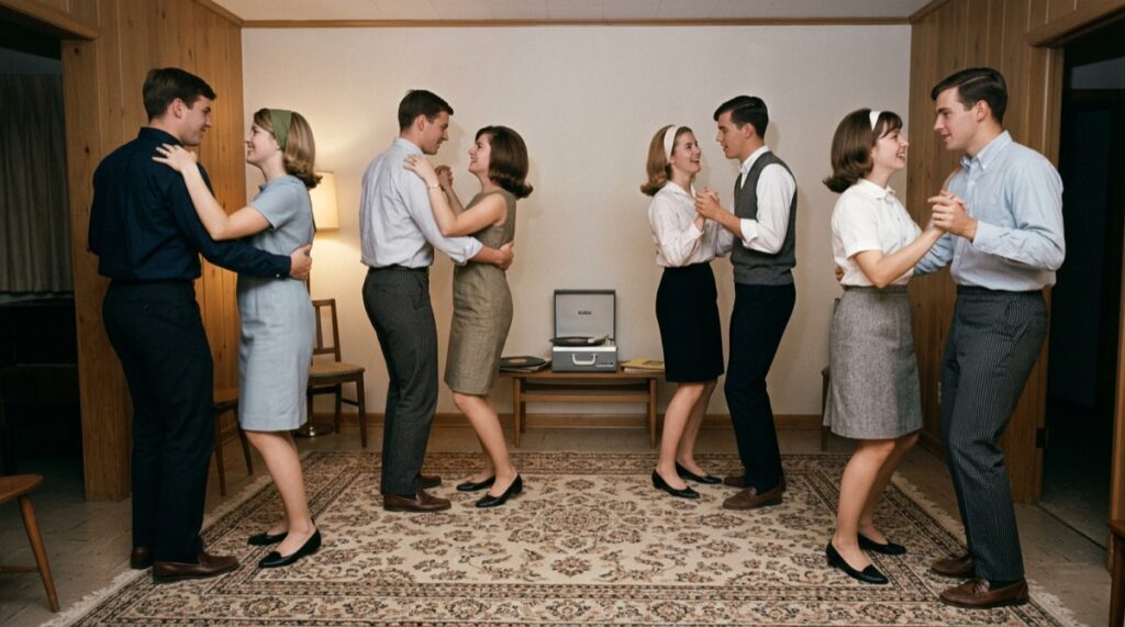 Young friends dancing on a patterned rug at a 1960s evening record party