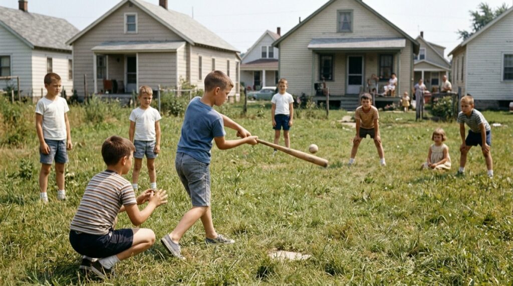1960s Neighborhood Baseball: Your Guide to an American Summer Tradition Neighborhood kids playing pickup baseball on a grassy vacant lot between houses