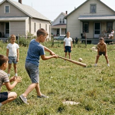 Neighborhood kids playing pickup baseball on a grassy vacant lot between houses