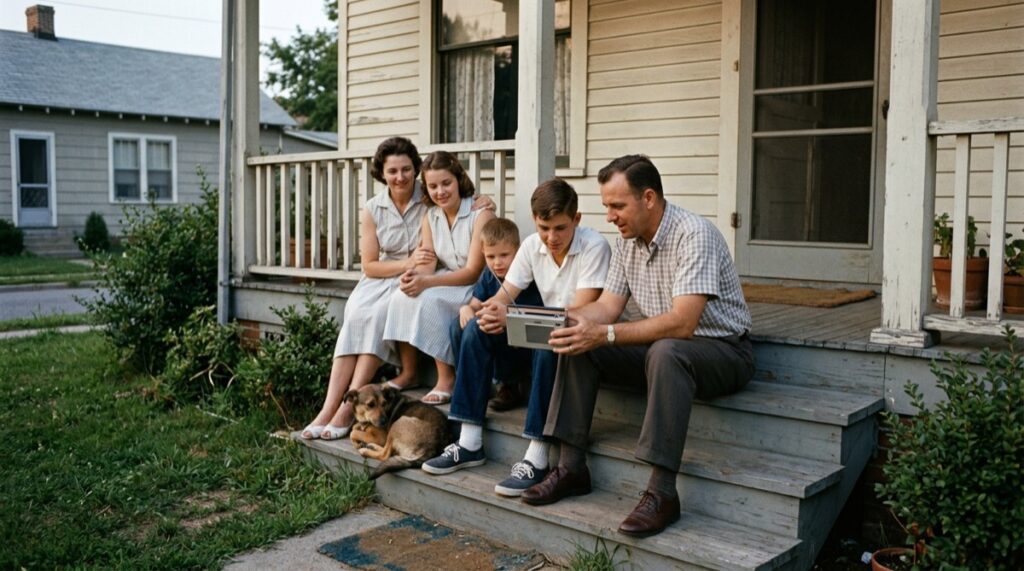 1960s Neighborhood Baseball: Your Guide to an American Summer Tradition Family sitting on porch steps listening to a ballgame on a portable radio