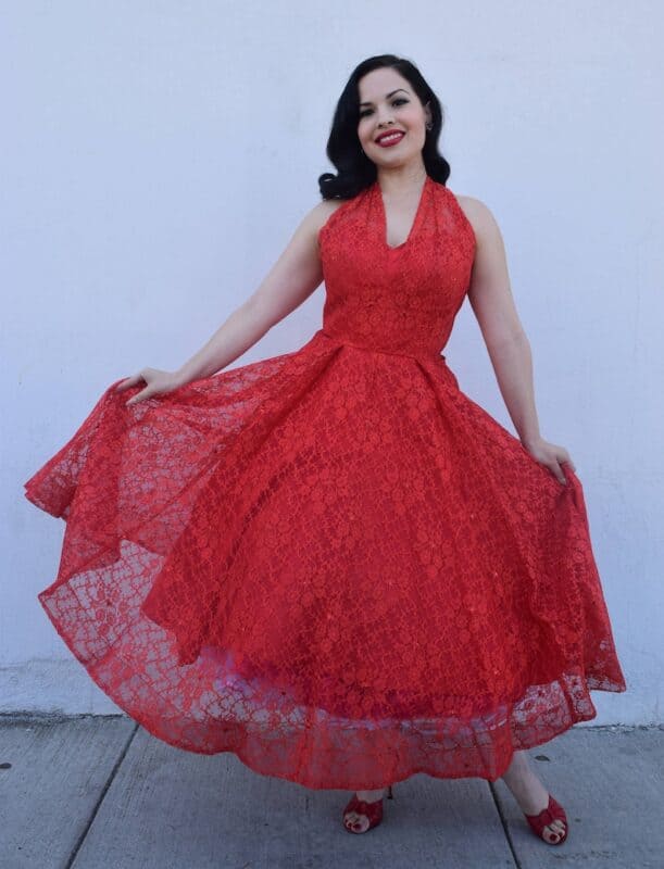 1950s Dress Red Lace Halter Neck Holiday Pinup Small Fit and image 1