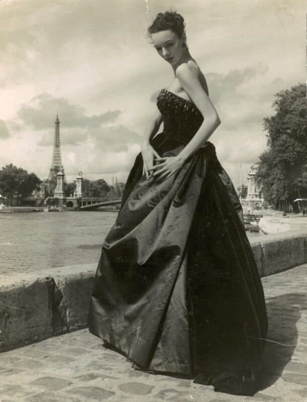 June modelling a dark green velvet and silk satin evening dress by Christian Dior Paris 1951 photograph by Hans Wild featured on the cover of Vanity Fair magazine Nov 1951
