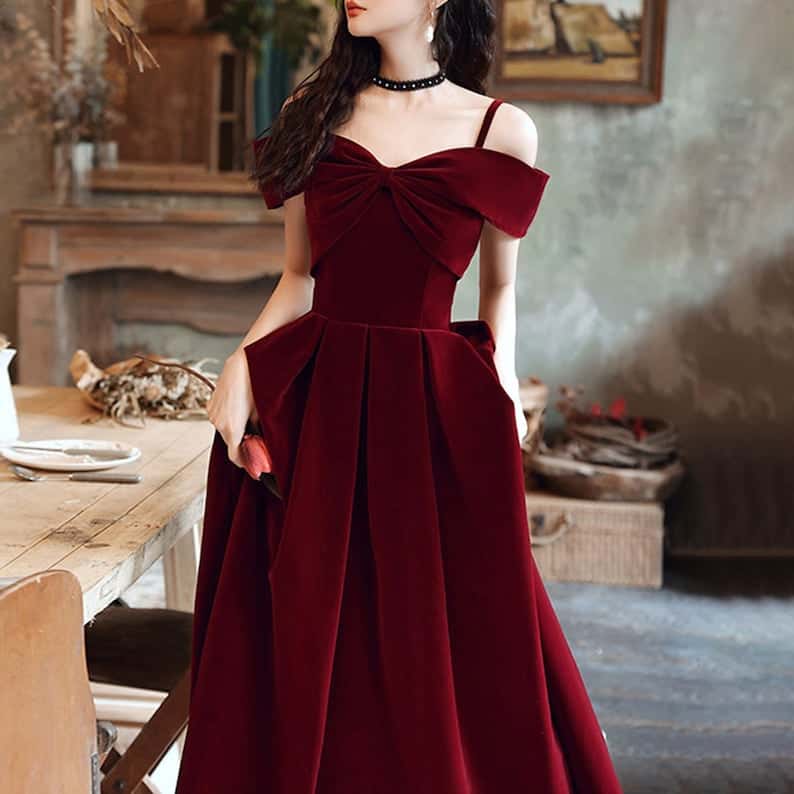 Red Velvet Prom Dress Vintage Ball Gown Princess Dress image 1