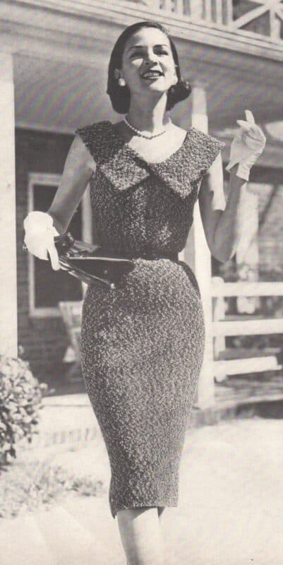 Mid 50s Knitting Pattern Curve Hugging Collared Sheath Dress image 1