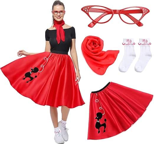 Rabtero Women Sock Hop Costume, Adult 1950s Poodle Dress Costume, 50's Poodle Skirt with Glasses, Scarf and Socks