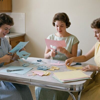 Three women cutting pastel paper stork shapes at a kitchen table for a 1950s baby shower