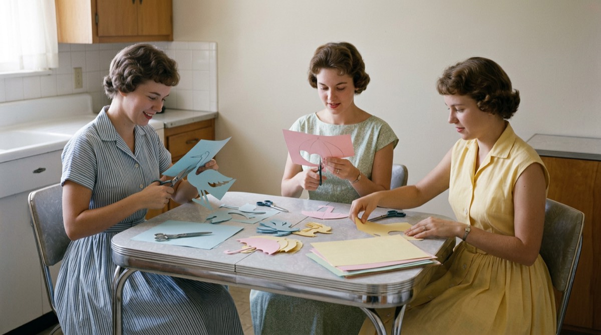 Three women cutting pastel paper stork shapes at a kitchen table for a 1950s baby shower