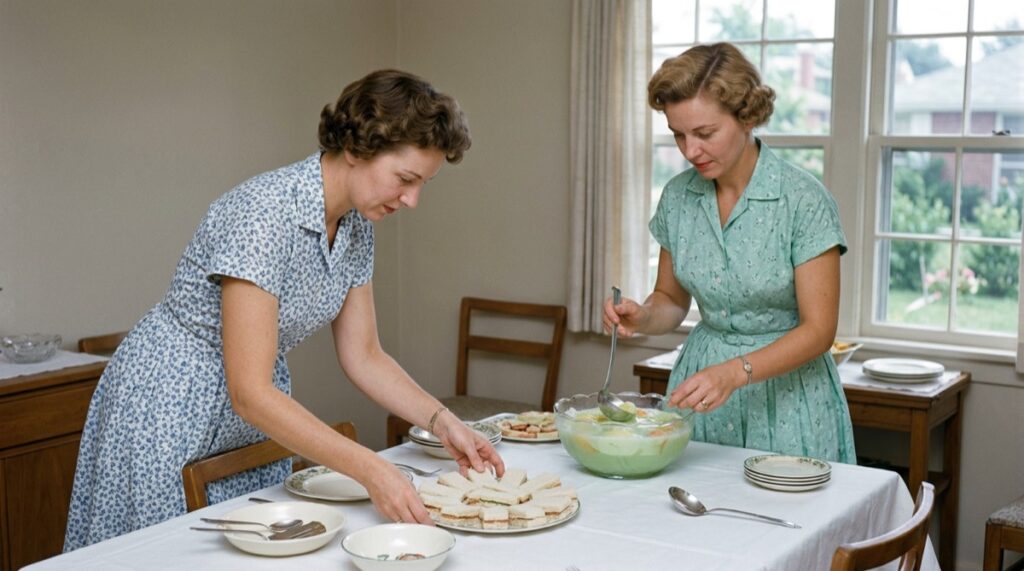 Two women setting out finger sandwiches and a punch bowl for a 1950s afternoon party