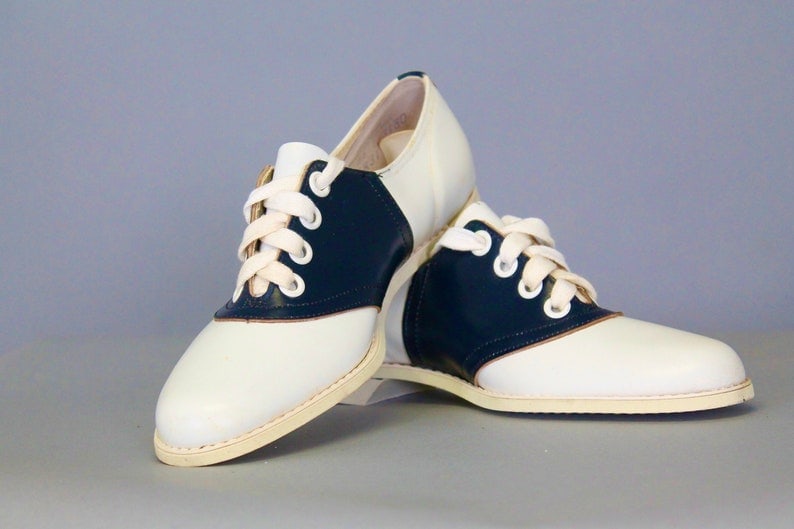 vintage 1950s Navy blue& white leather saddle shoes size 10 image 1