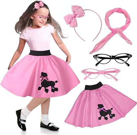 FAYBOX Poodle Skirt 50s Costume Accessory for Girls with Cat Eye Glasses, Scarf, Headband for Kids Halloween Costume