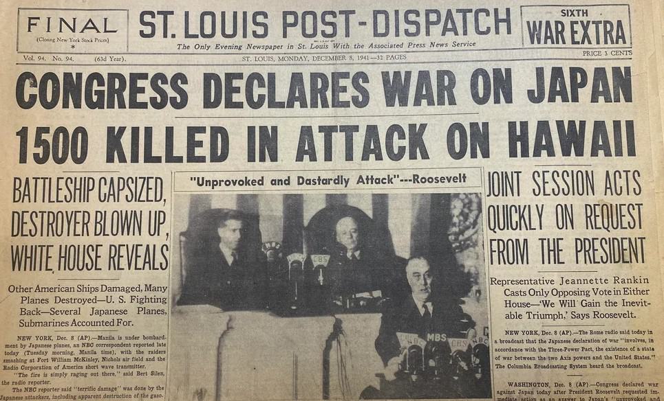 Congress declares war after pearl harbor attack newspaper
